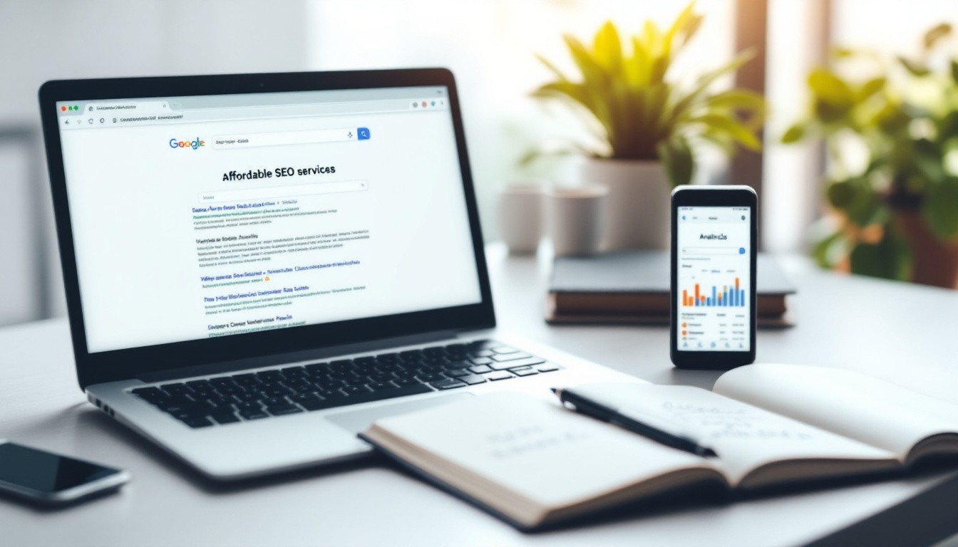 Laptop displaying Google search results for "Affordable SEO services" alongside a smartphone showing analytics data, with a notepad and plant in a bright office setting.