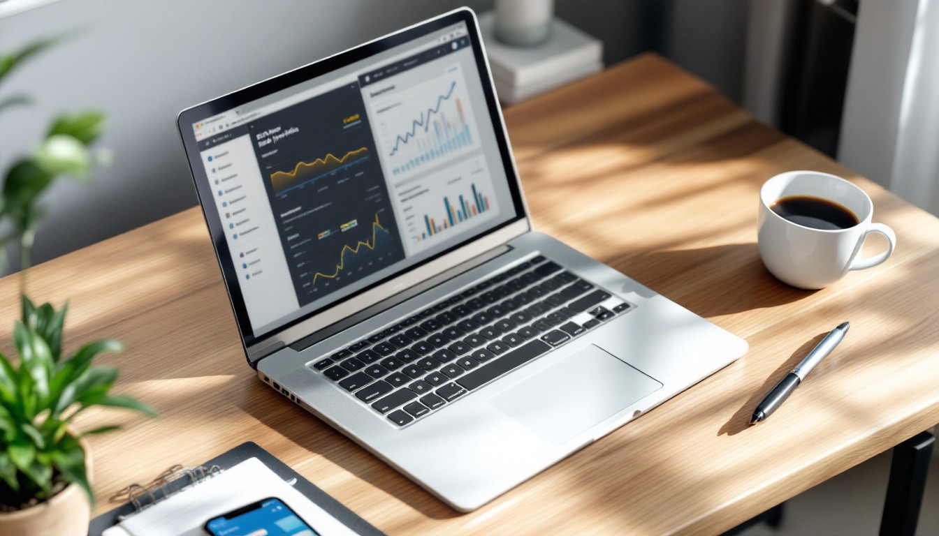 Laptop displaying SEO analytics dashboard, coffee cup, and notebook on wooden desk, illustrating tools for selecting best SEO optimization software for small businesses.