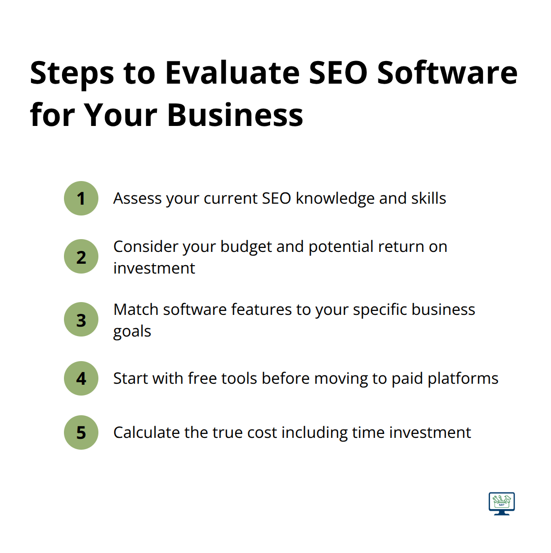 Compact ordered list of steps to evaluate SEO software: assess knowledge, consider budget, match features to goals. - best seo optimization software