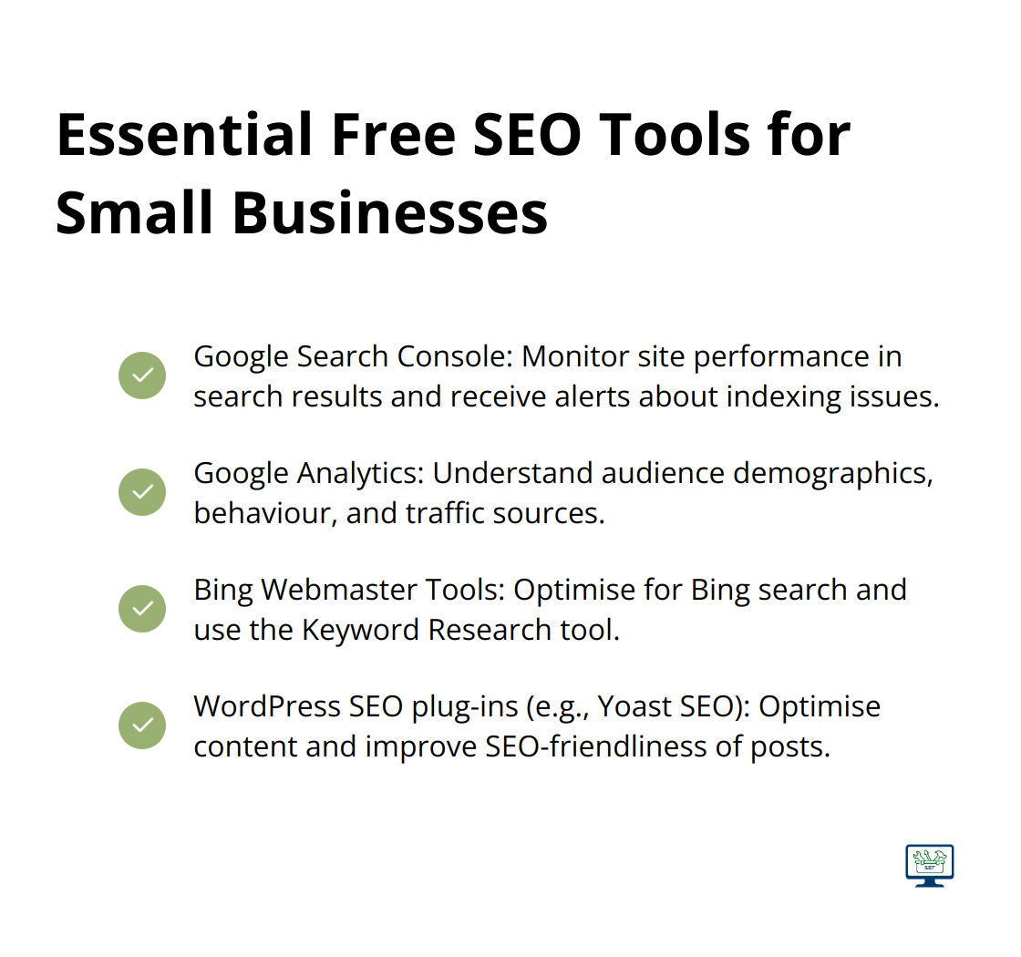 A checkmark list of essential free SEO tools for small businesses, including Google Search Console, Google Analytics, Bing Webmaster Tools, and WordPress SEO plug-ins like Yoast SEO. - cheap seo optimization