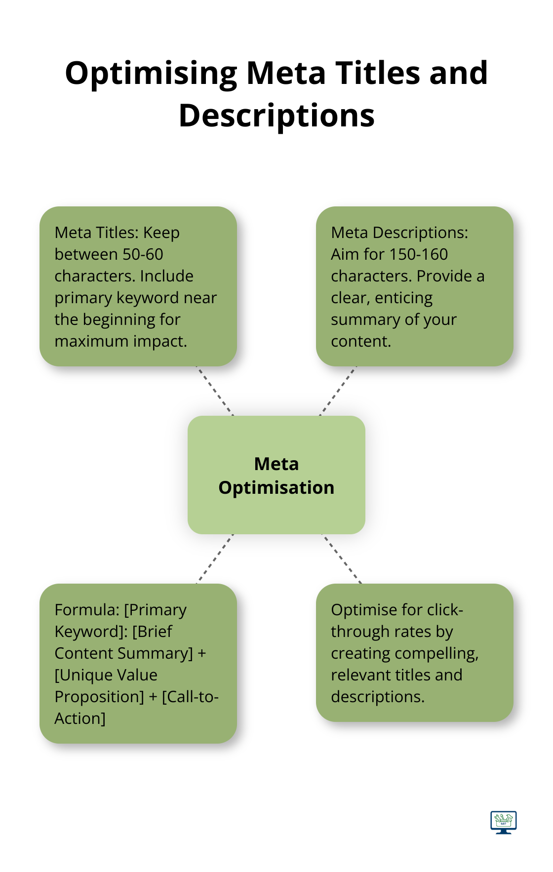 Hub and spoke chart showing character limits and best practices for meta titles and descriptions