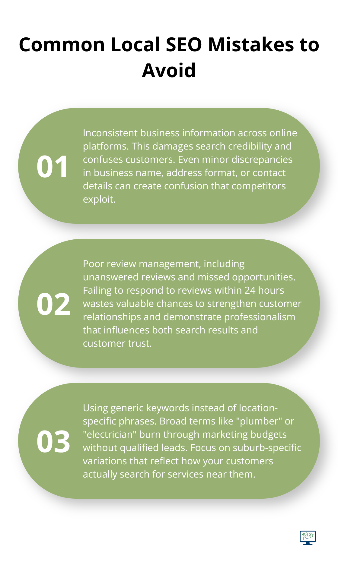 Ordered list of three common local SEO mistakes businesses should avoid
