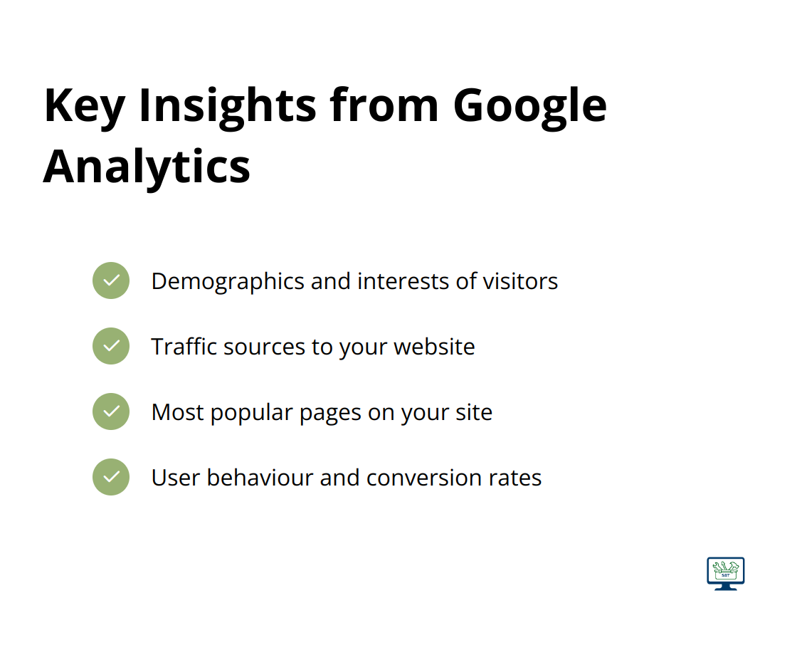 Checkmark list showing the main data points provided by Google Analytics - low price seo