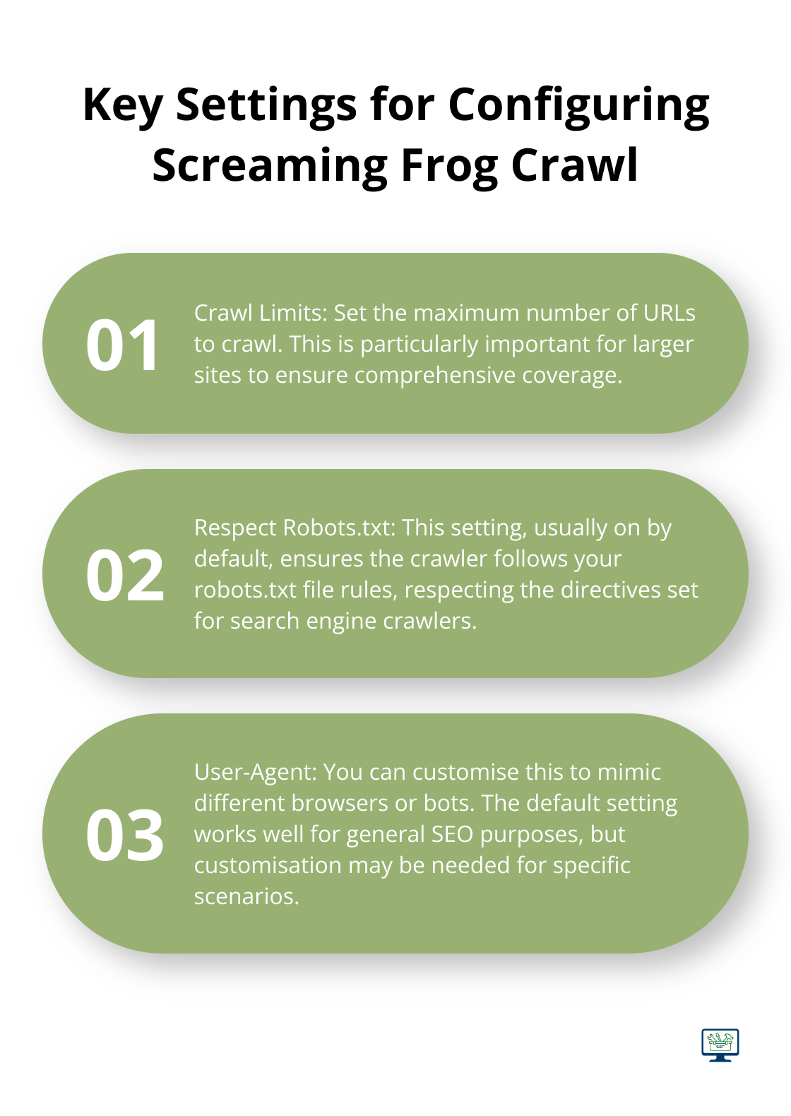 Ordered list chart displaying four key settings to consider when configuring a Screaming Frog crawl: Crawl Limits, Respect Robots.txt, User-Agent, and Speed.