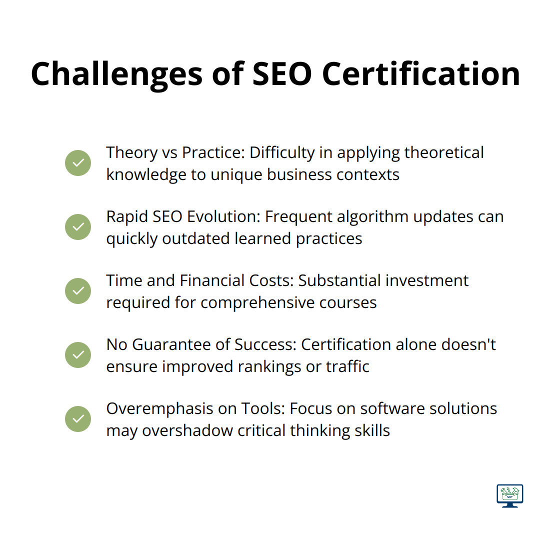 A checkmark list chart displaying five key challenges of SEO certification: theory vs practice gap, rapid SEO evolution, time and financial costs, no guarantee of success, and overemphasis on tools. - search engine optimisation certification