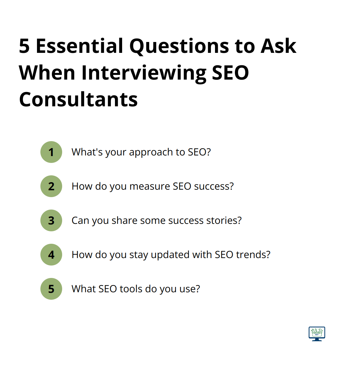 List of five crucial questions to ask potential SEO consultants during an interview: their approach to SEO, how they measure success, success stories, how they stay updated with trends, and what tools they use. - search engine optimisation consultant