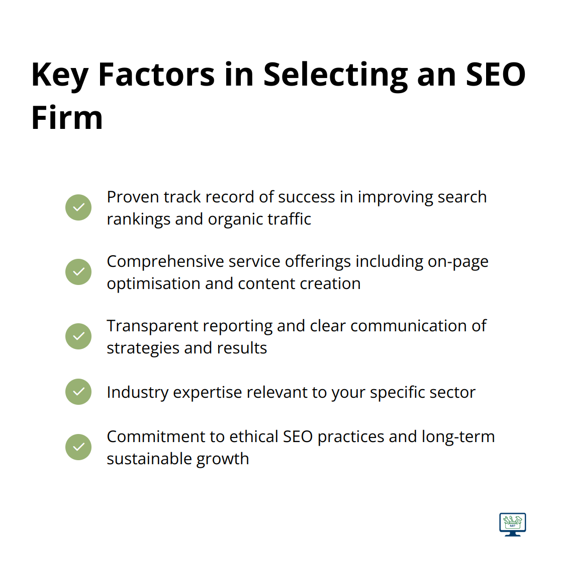 Checkmark list of key factors to consider when selecting an SEO firm - search engine optimisation firm