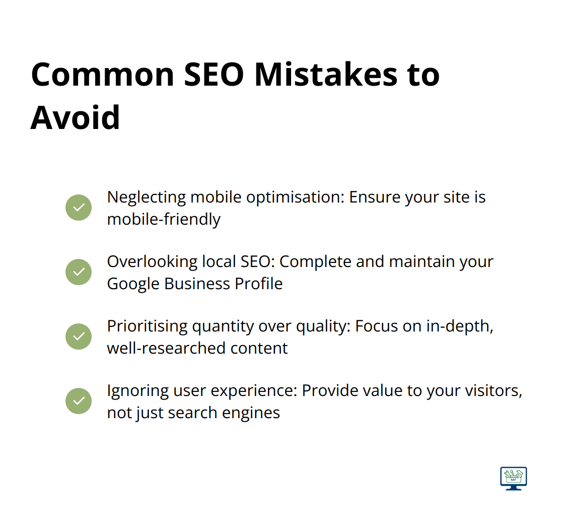 Checkmark list of common SEO mistakes for small businesses to avoid, including neglecting mobile optimisation, overlooking local SEO, prioritising quantity over quality, and ignoring user experience
