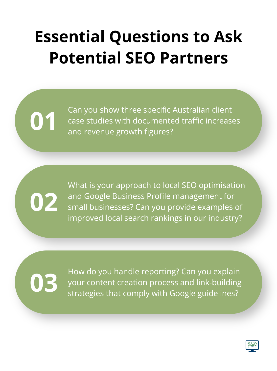 Ordered list of three key questions to ask when evaluating SEO agencies - seo companies review