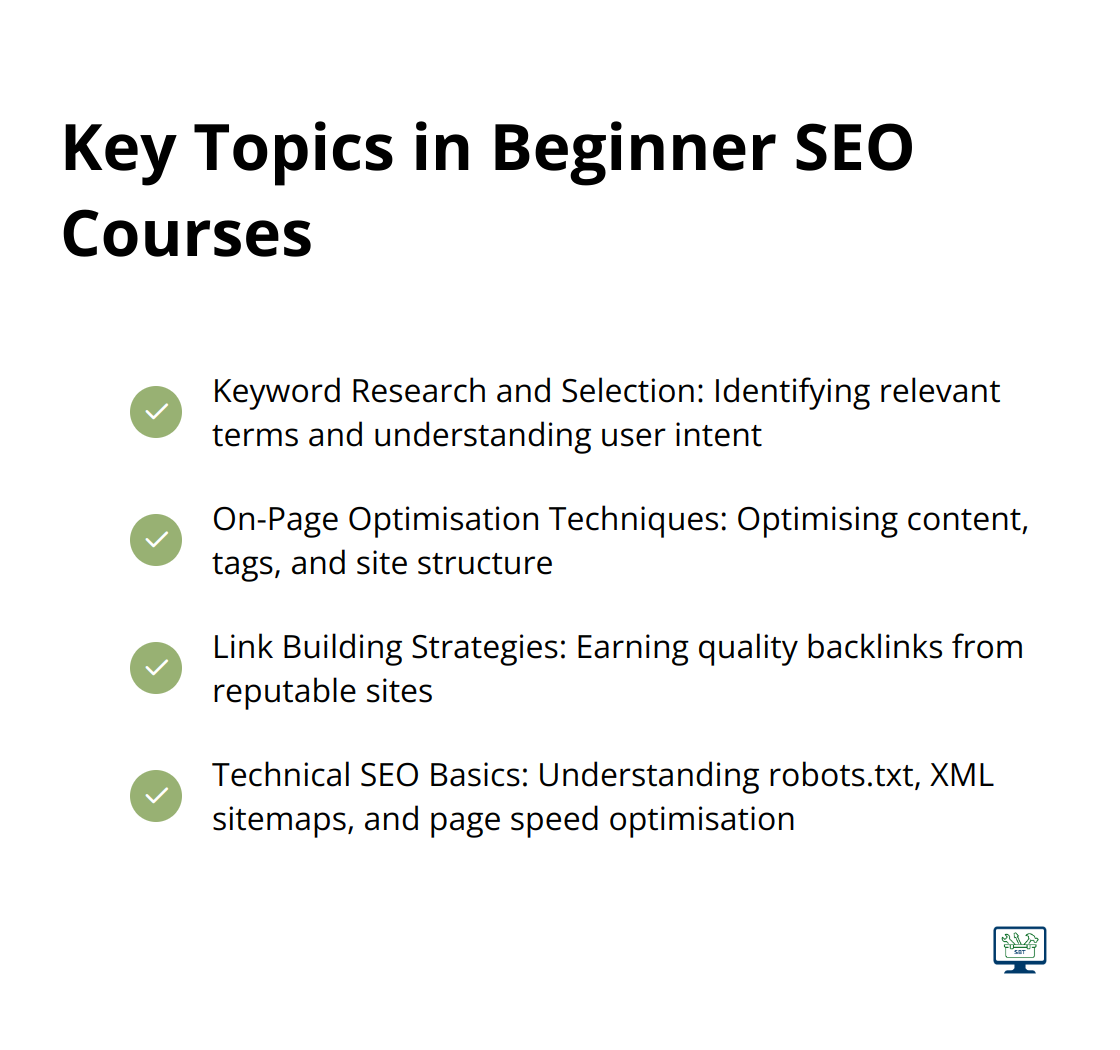 A checkmark list showing key topics covered in beginner SEO courses, including keyword research, on-page optimisation, link building, and technical SEO basics. - seo marketing courses online