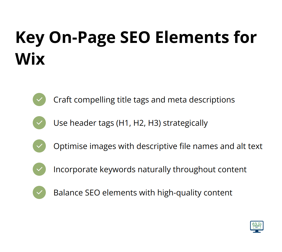 Checklist of important on-page SEO elements for Wix websites: title tags, meta descriptions, header tags, image optimisation, and keyword incorporation - seo optimization for wix