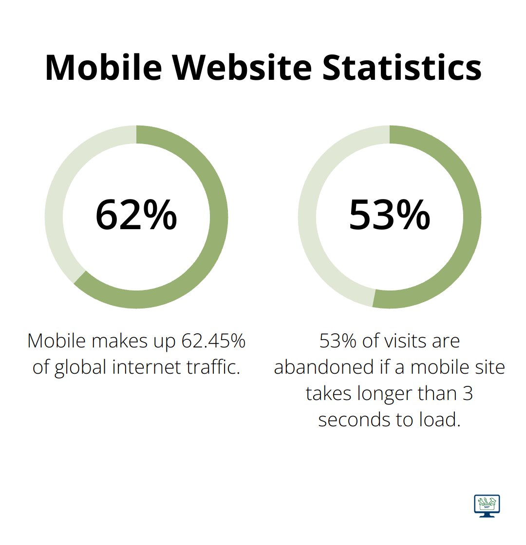 Percentage chart showing 62.45% of global internet traffic is mobile and 53% of visits are abandoned if a mobile site takes longer than 3 seconds to load
