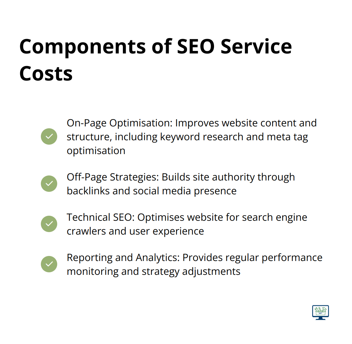 Checkmark list showing the main components included in SEO service costs: On-Page Optimisation, Off-Page Strategies, Technical SEO, and Reporting and Analytics - seo rates