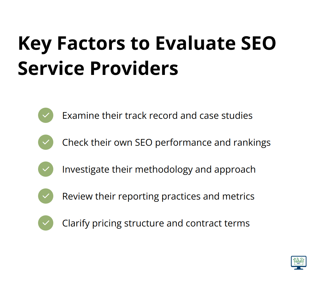 Checkmark list chart showing five key factors to consider when evaluating SEO service providers: track record, SEO performance, methodology, reporting practices, and pricing terms. - seo service cheap