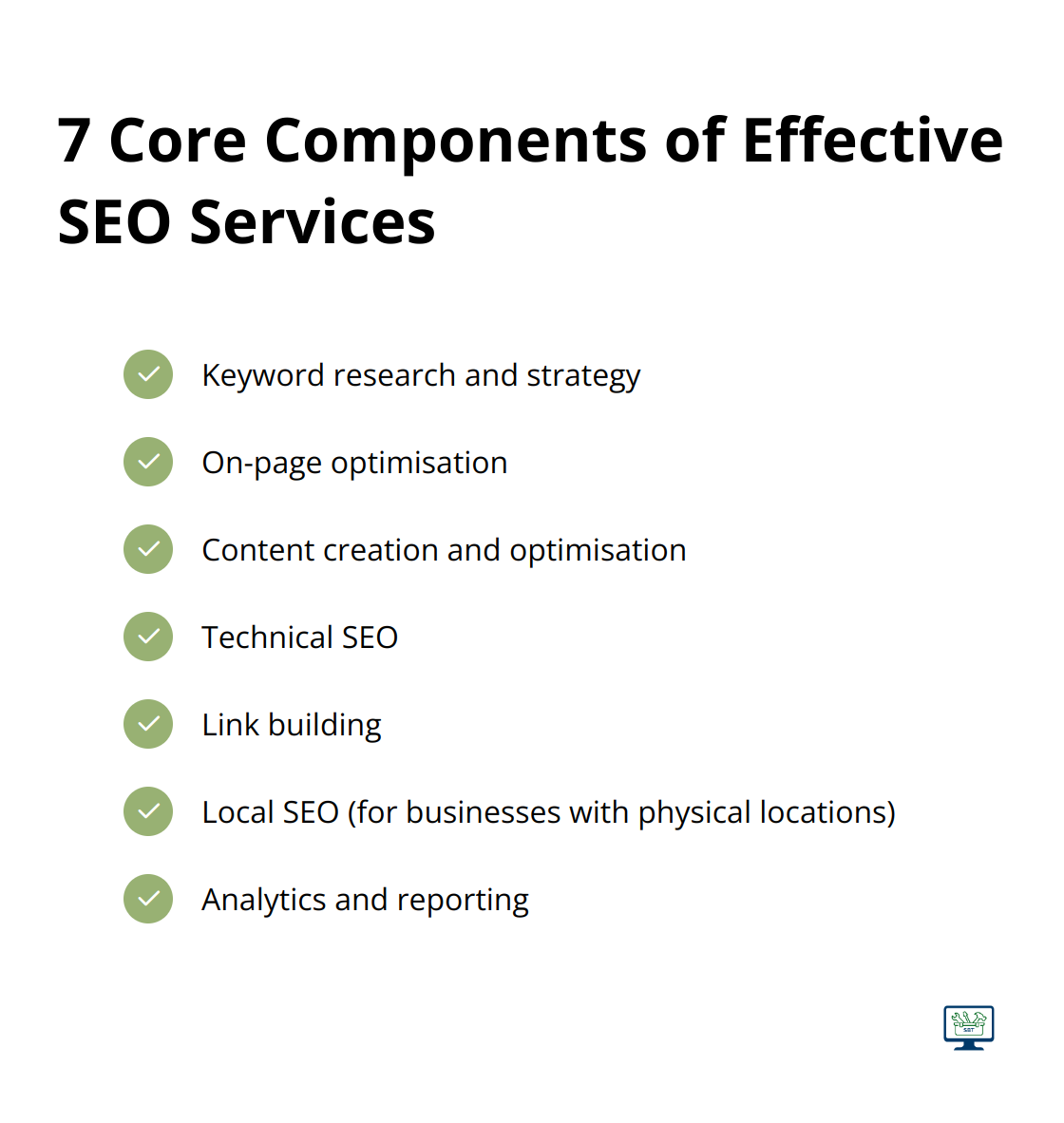 Checkmark list chart showing the seven essential elements of SEO services - seo services affordable