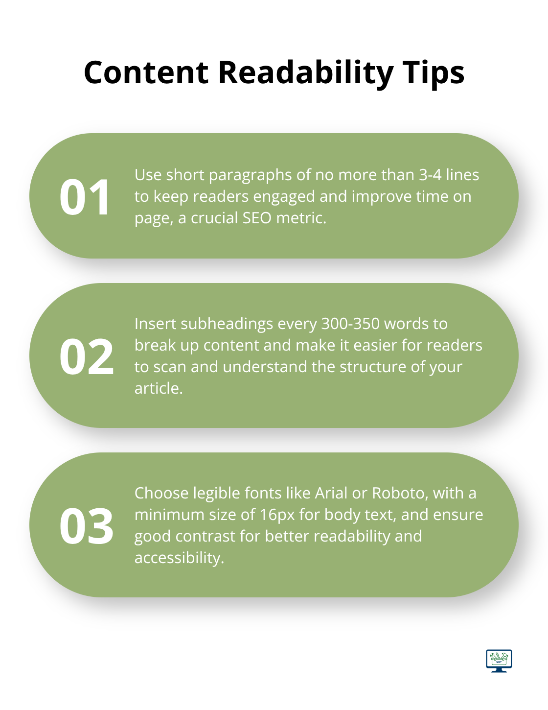 Ordered list chart presenting three key tips for improving content readability