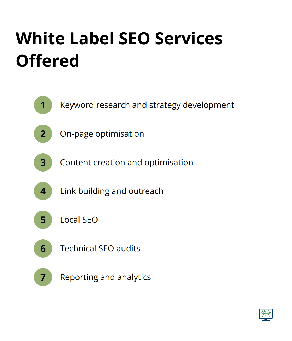 A list of 7 common white label SEO services: keyword research, on-page optimisation, content creation, link building, local SEO, technical audits, and reporting. - white label seo providers